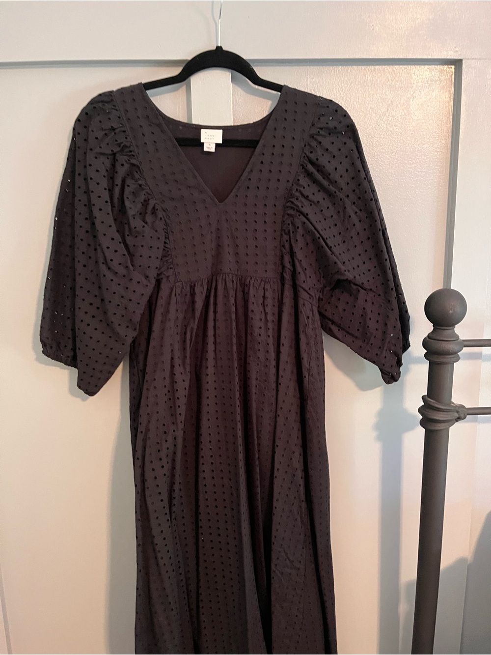 a new day Black Puff-Sleeve V-Neck Midi Dress